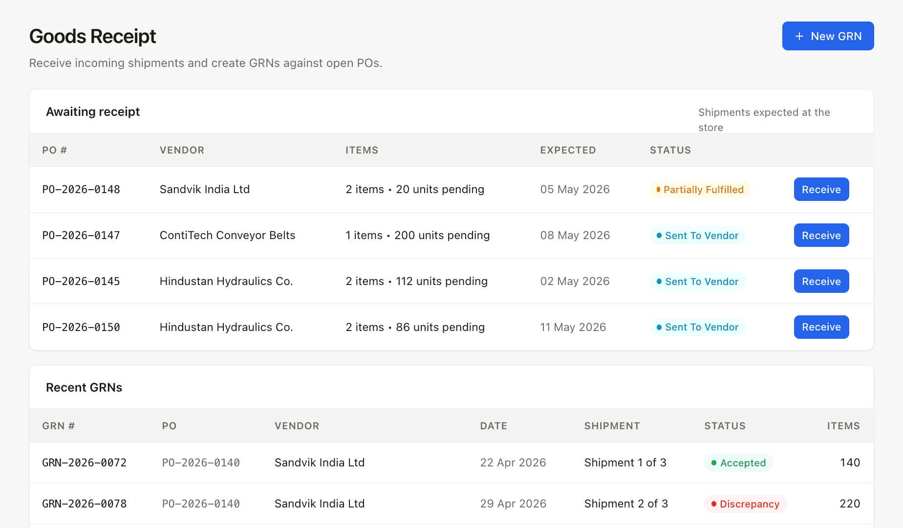 Goods receipt — shipments awaiting GRN