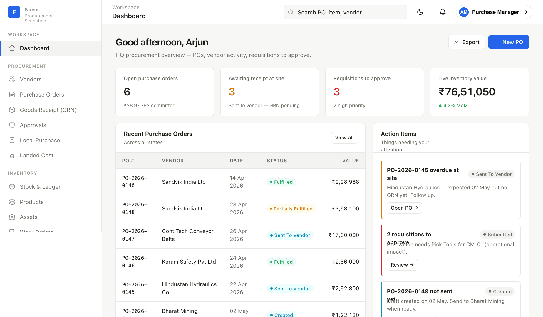 Farvos dashboard — purchase manager view